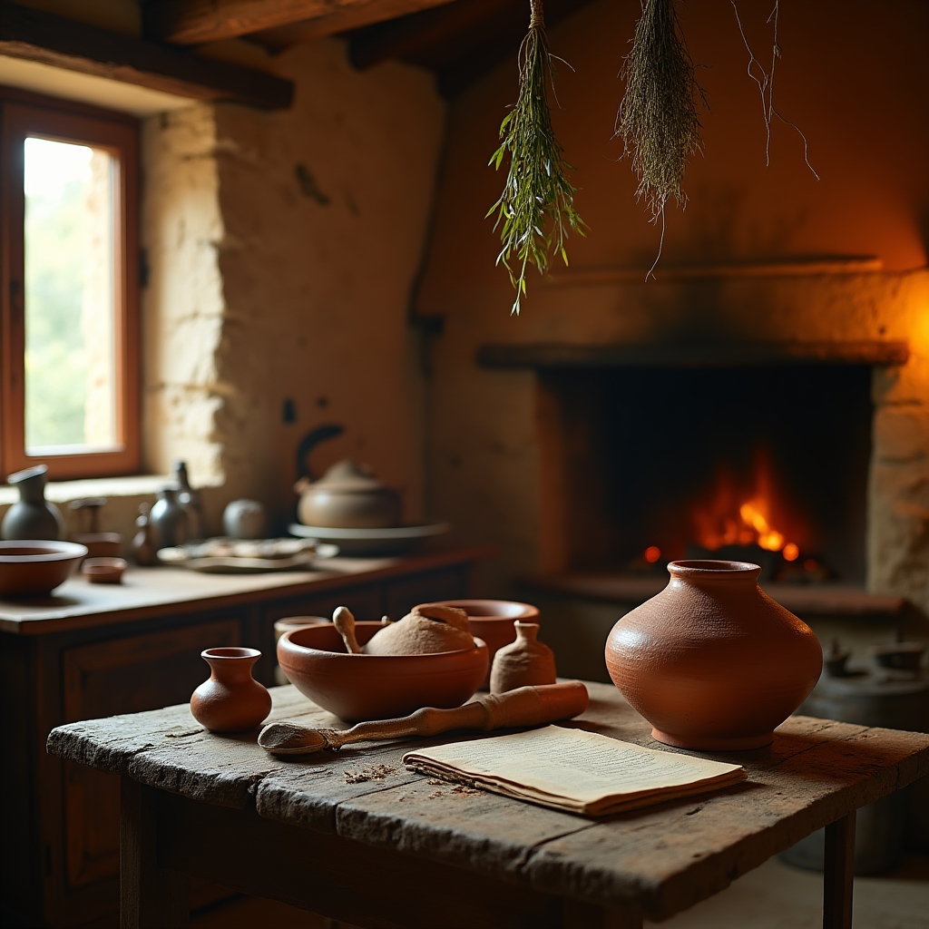 Stara tradicijska kuhinja s drvenim posuđem i ognjištem